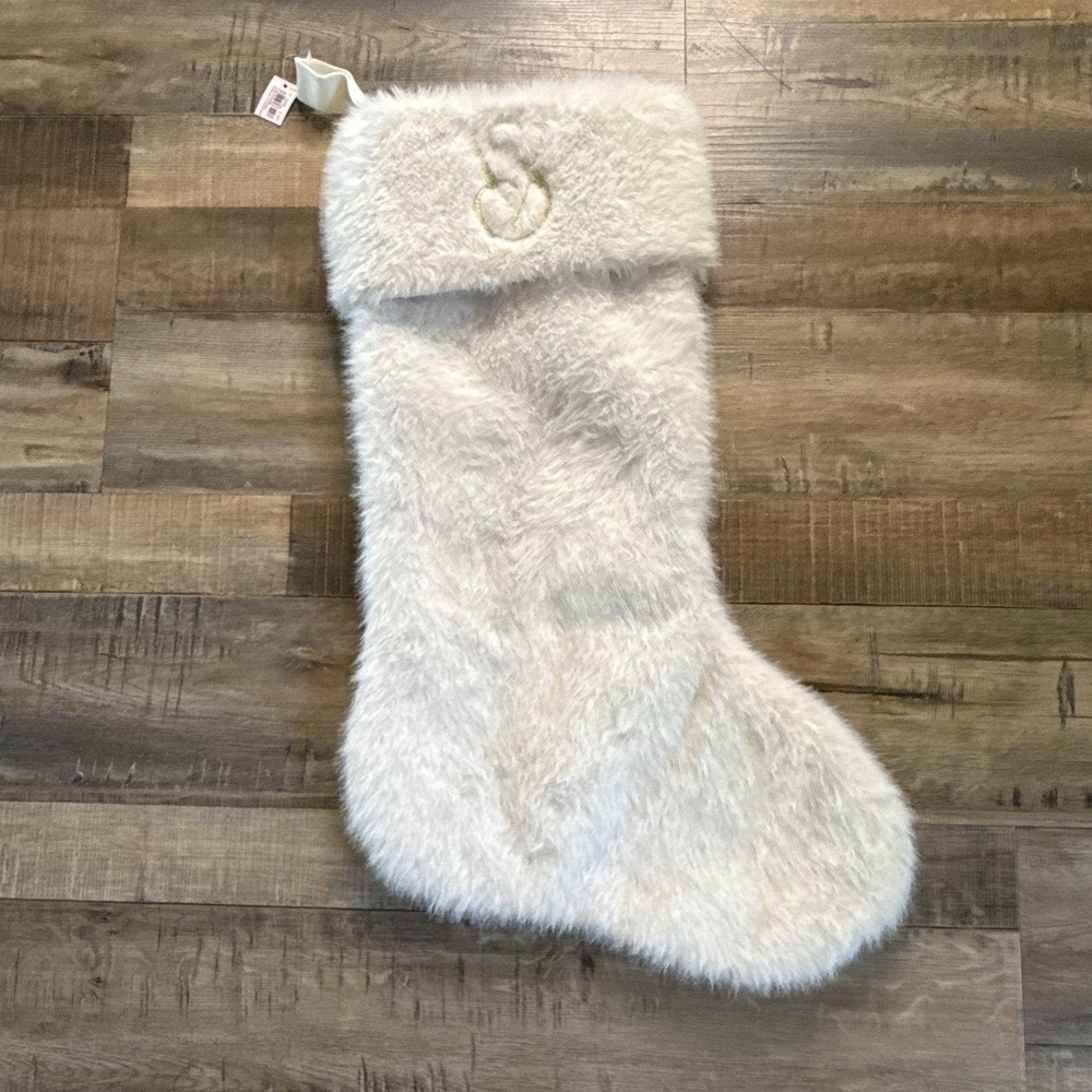 NWT Victoria's Secret Christmas Stocking Exclusive White Faux Fur Gold Lettering